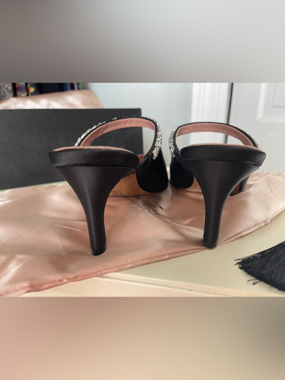 Pnina Tornai Black Satin Pointed Toe Flats with Crystal Strap - Picture 3 of 5